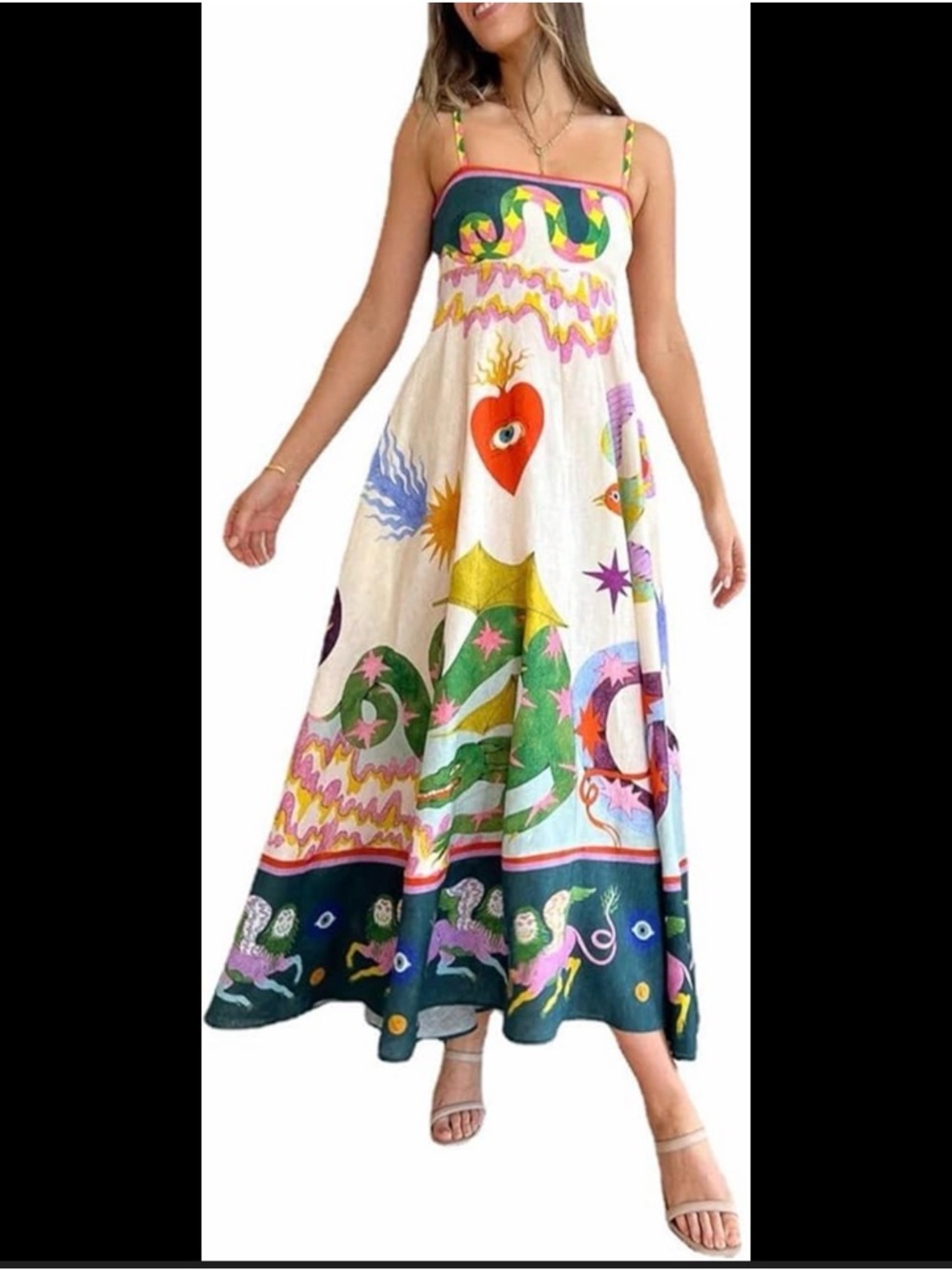 Multi-Color Graphic Print Spaghetti Strap Maxi Dress